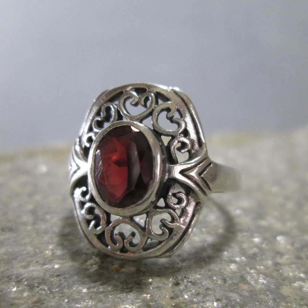Artisan Oval Cut Garnet Ring, Sterling Silver Sz 8 - Picture 2 of 9